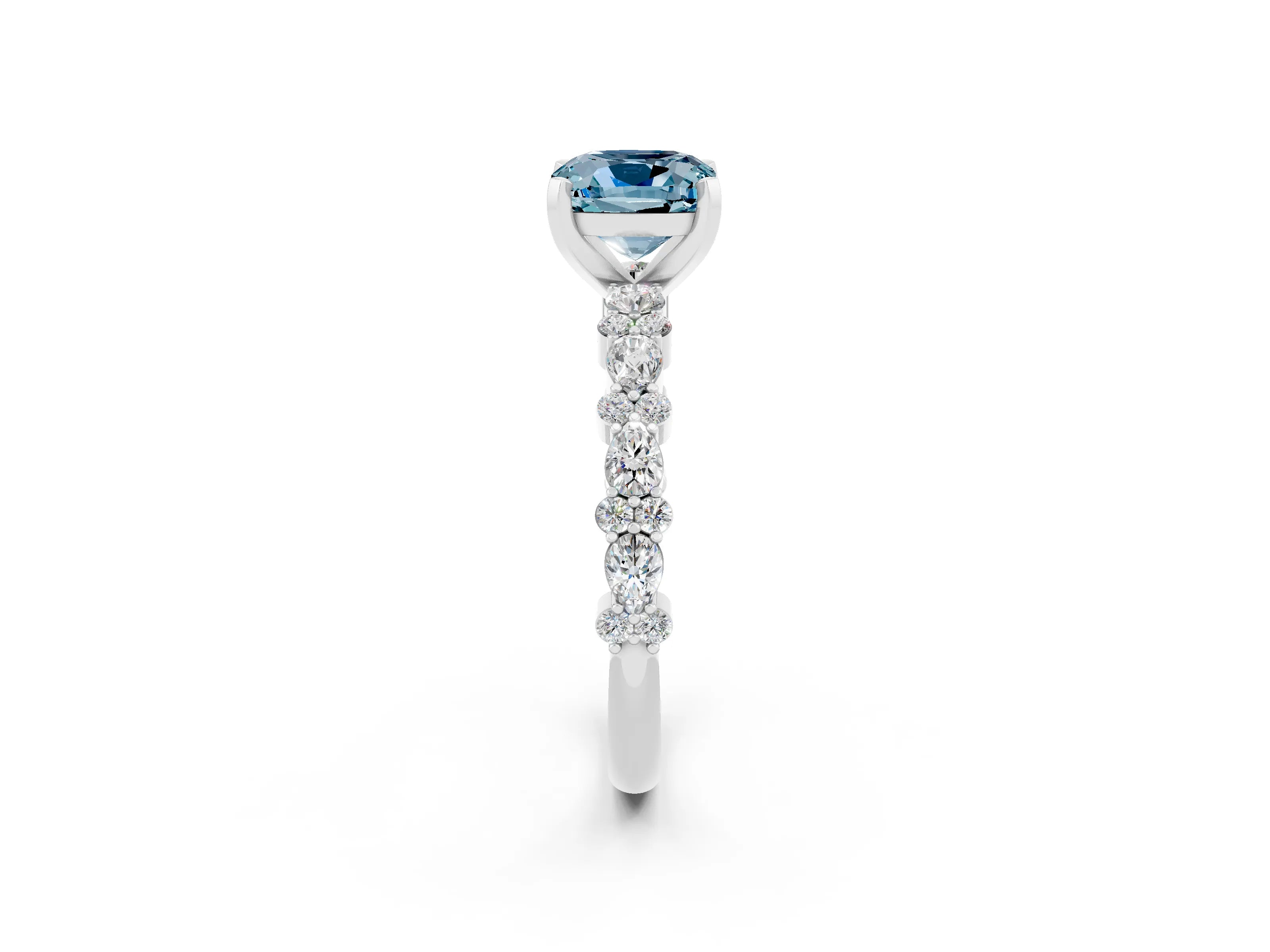 White gold Cushion Cut Aquamarine Solitaire with Side Stones, Pave Band, Four-Prong Setting_14