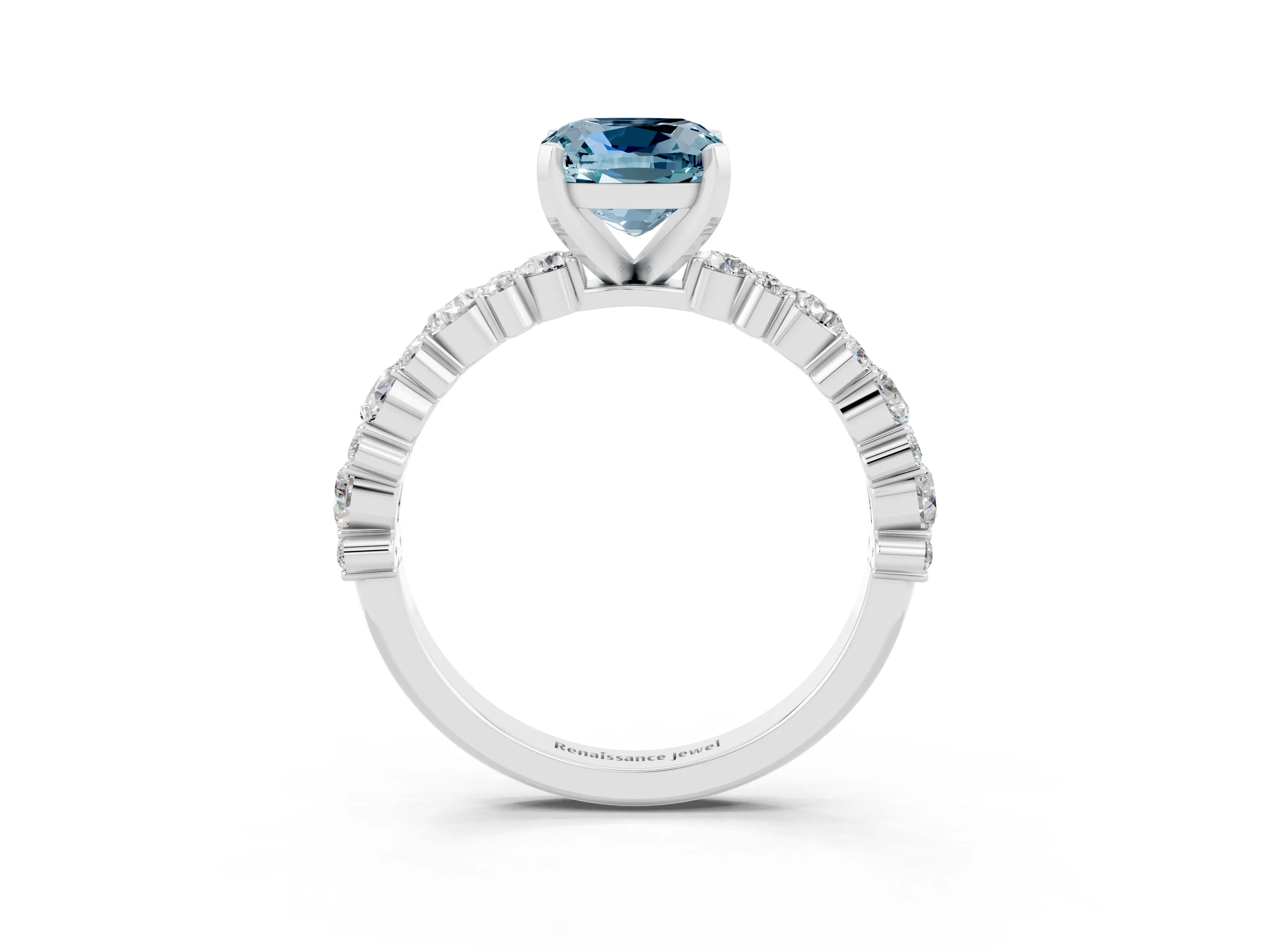 White gold Cushion Cut Aquamarine Solitaire with Side Stones, Pave Band, Four-Prong Setting_15