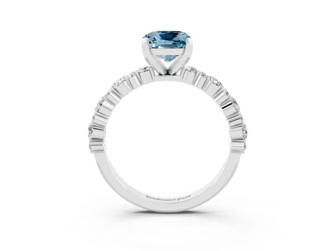 White gold Cushion Cut Aquamarine Solitaire with Side Stones, Pave Band, Four-Prong Setting_15