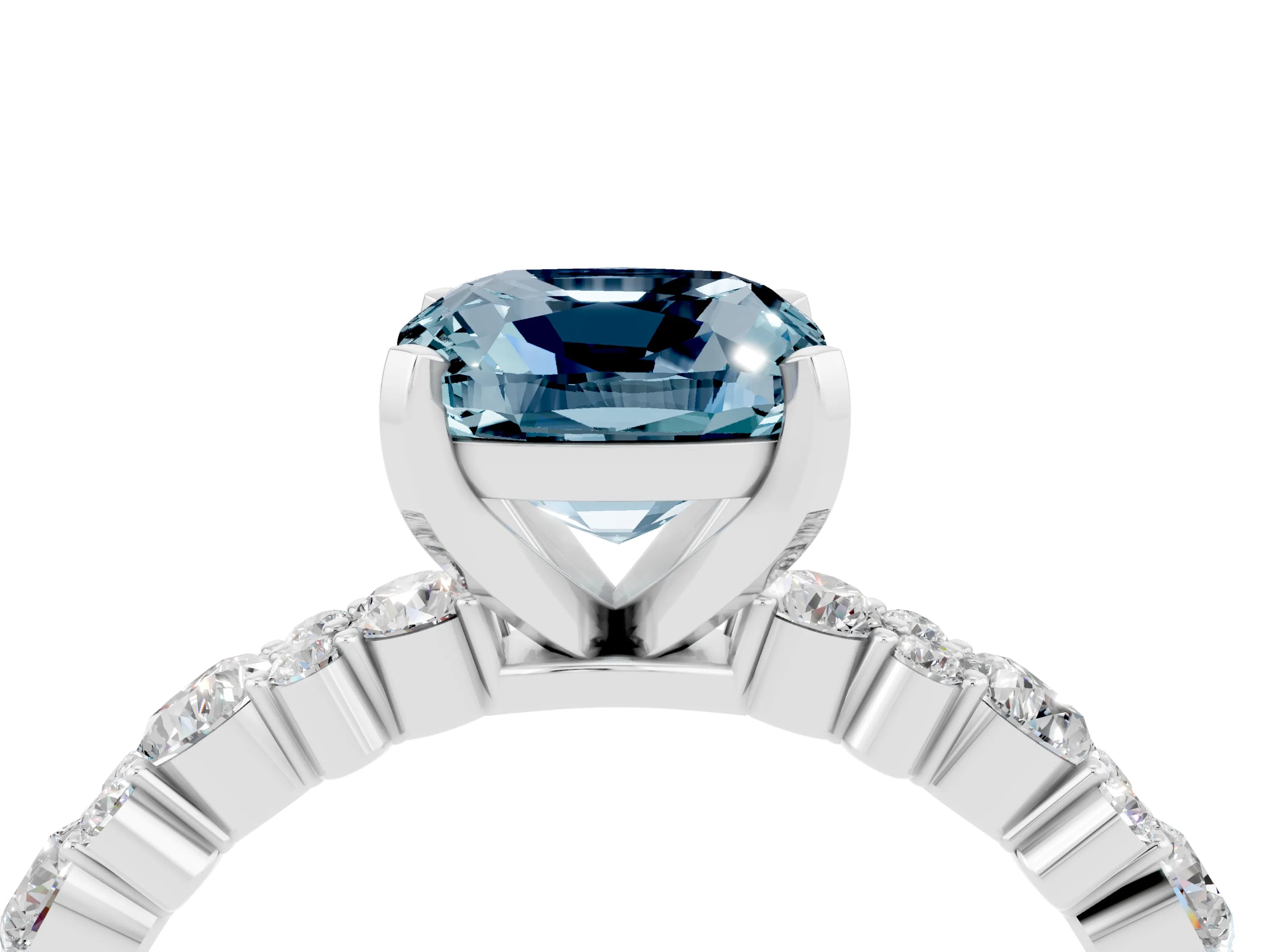 White gold Cushion Cut Aquamarine Solitaire with Side Stones, Pave Band, Four-Prong Setting_16