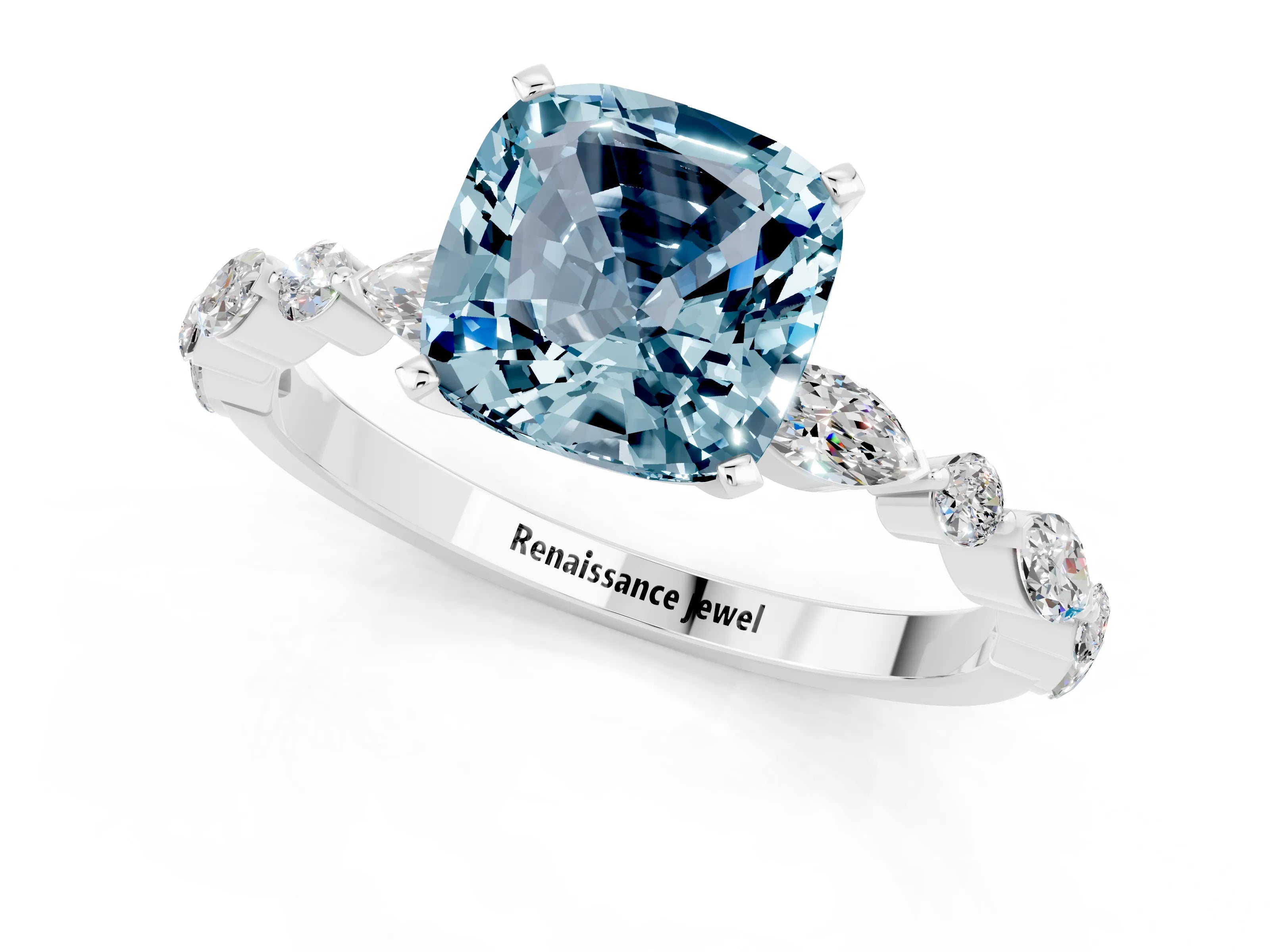 White gold Cushion Cut Aquamarine Solitaire with Side Stones on a Pavé Band and Four-Prong Setting_1