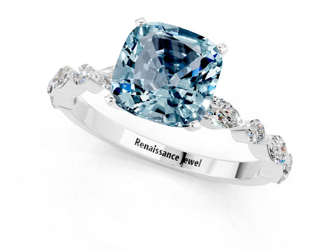 White gold Cushion Cut Aquamarine Solitaire with Side Stones on a Pavé Band and Four-Prong Setting_1