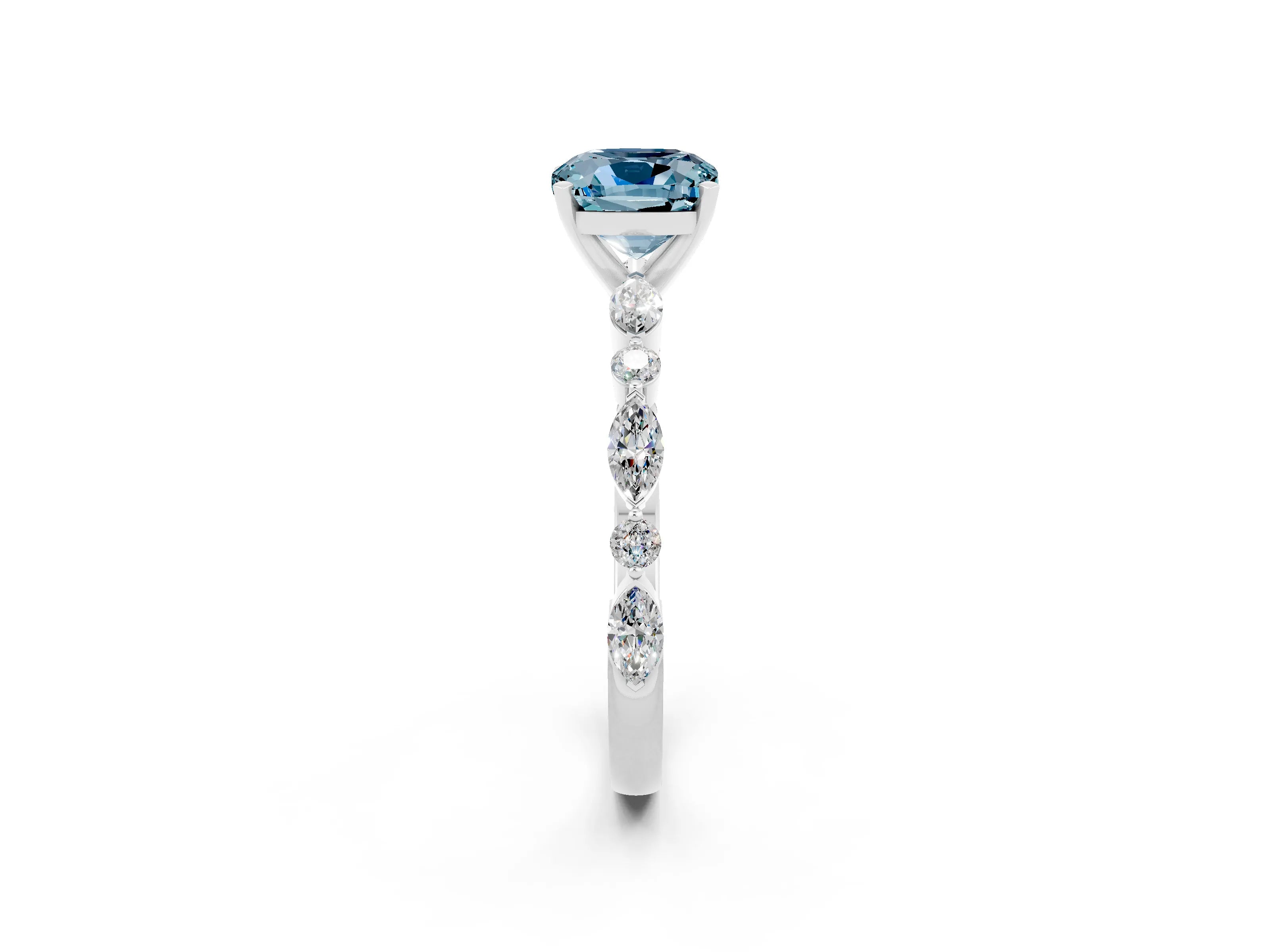 White gold Cushion Cut Aquamarine Solitaire with Side Stones on a Pavé Band and Four-Prong Setting_2