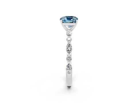 White gold Cushion Cut Aquamarine Solitaire with Side Stones on a Pavé Band and Four-Prong Setting_2