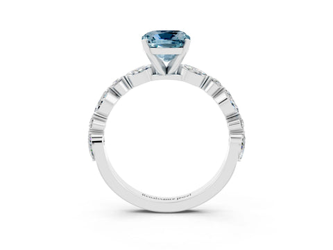 White gold Cushion Cut Aquamarine Solitaire with Side Stones on a Pavé Band and Four-Prong Setting_3