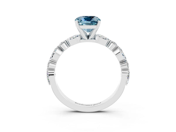 Silver Cushion Cut Aquamarine Ring with Marquise and Round  Side Stones and Four-Prong Setting