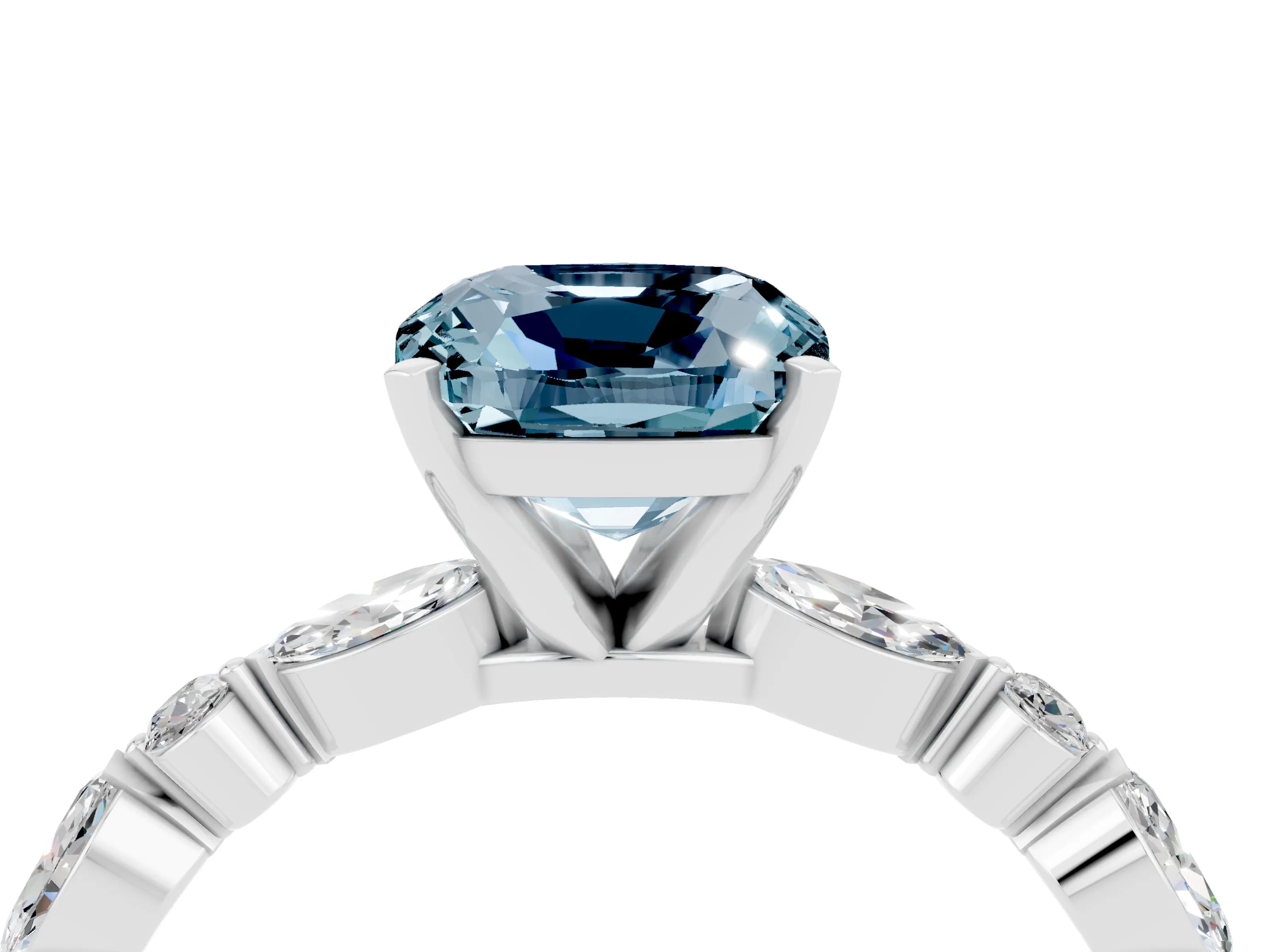 White gold Cushion Cut Aquamarine Solitaire with Side Stones on a Pavé Band and Four-Prong Setting_4