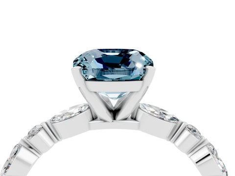 White gold Cushion Cut Aquamarine Solitaire with Side Stones on a Pavé Band and Four-Prong Setting_4