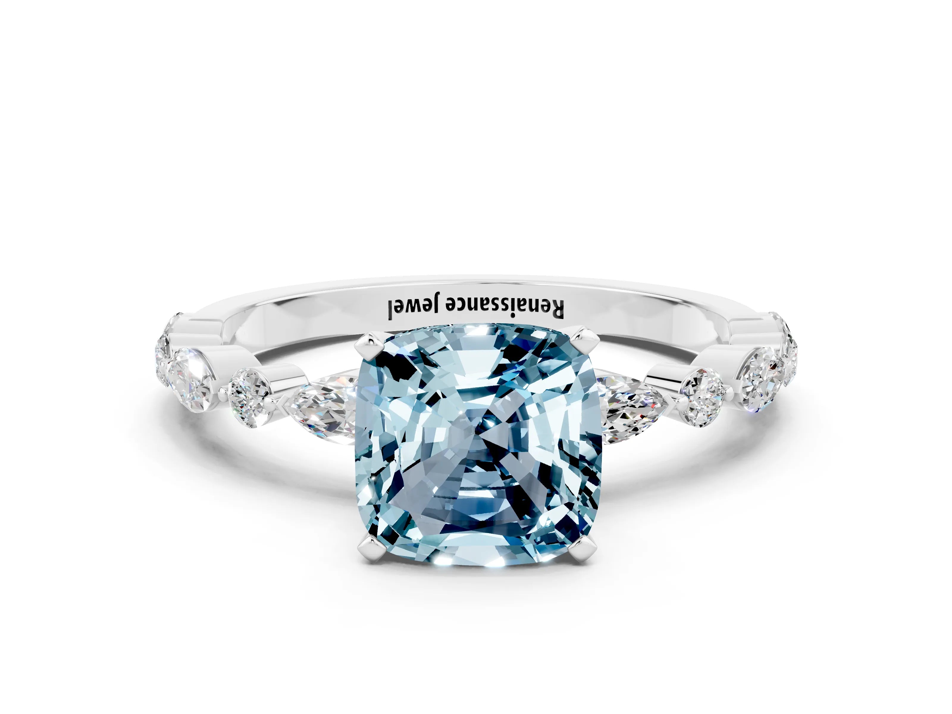 White gold Cushion Cut Aquamarine Solitaire with Side Stones on a Pavé Band and Four-Prong Setting