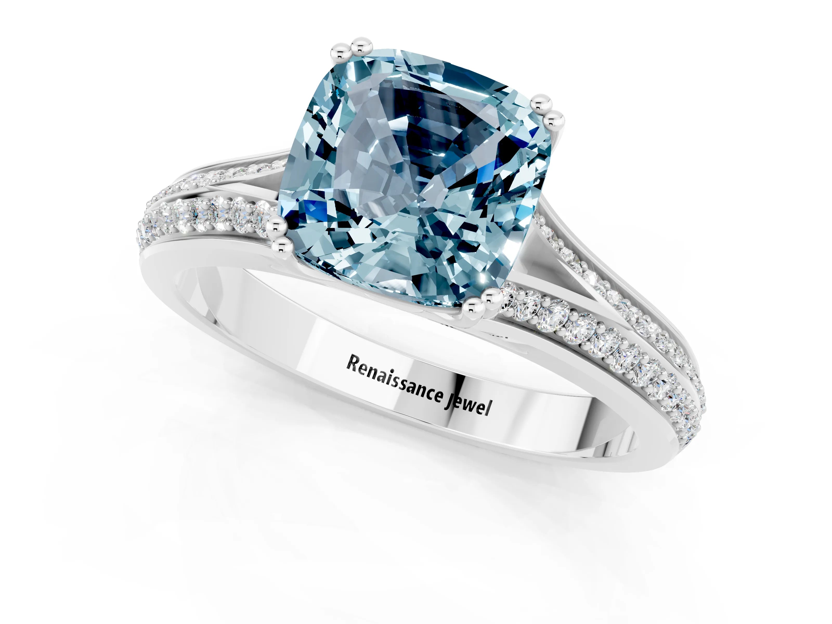 White gold Cushion Cut Aquamarine Split Shank Engagement Ring with Pavé Band_1