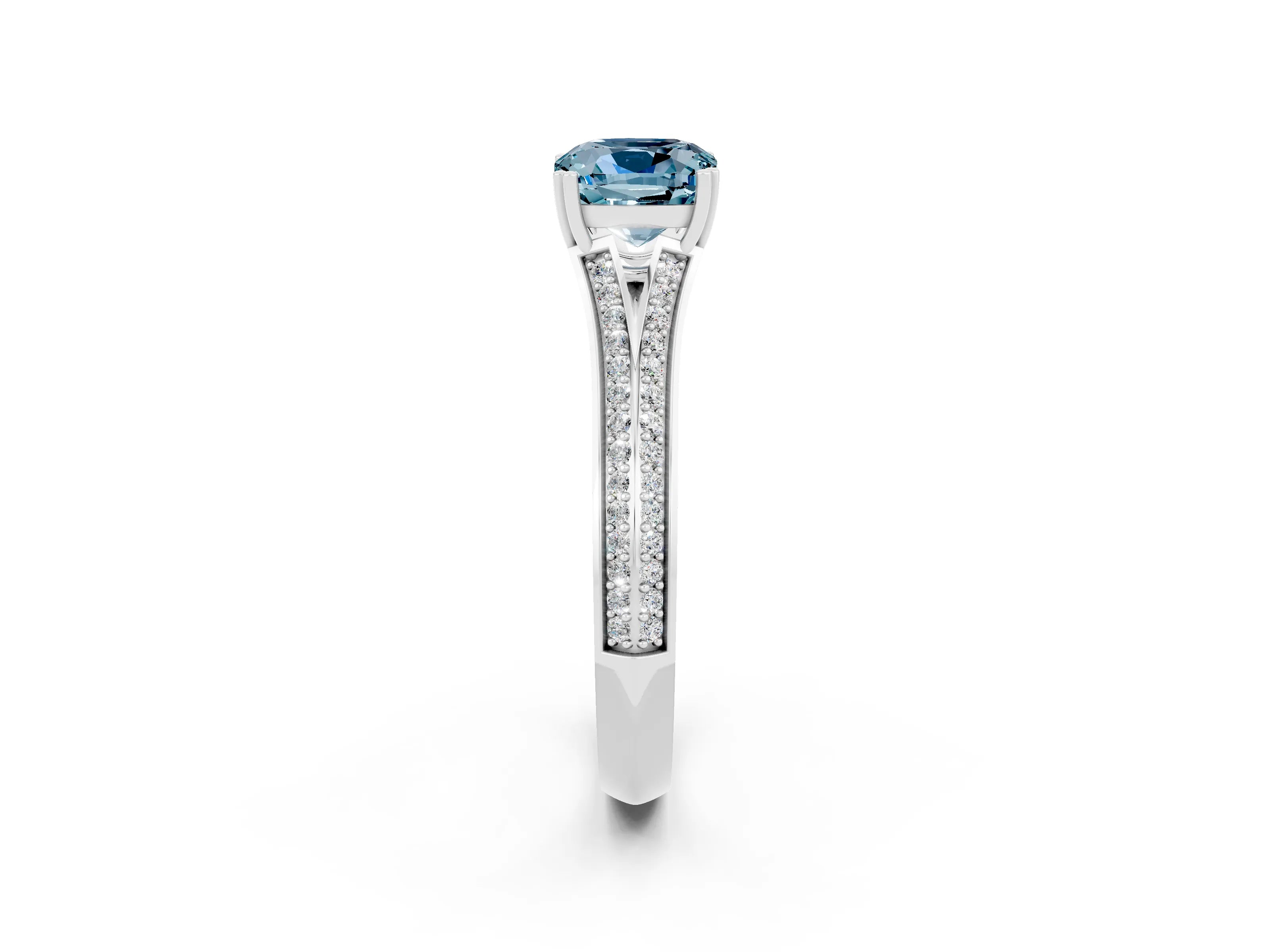 White gold Cushion Cut Aquamarine Split Shank Engagement Ring with Pavé Band_2