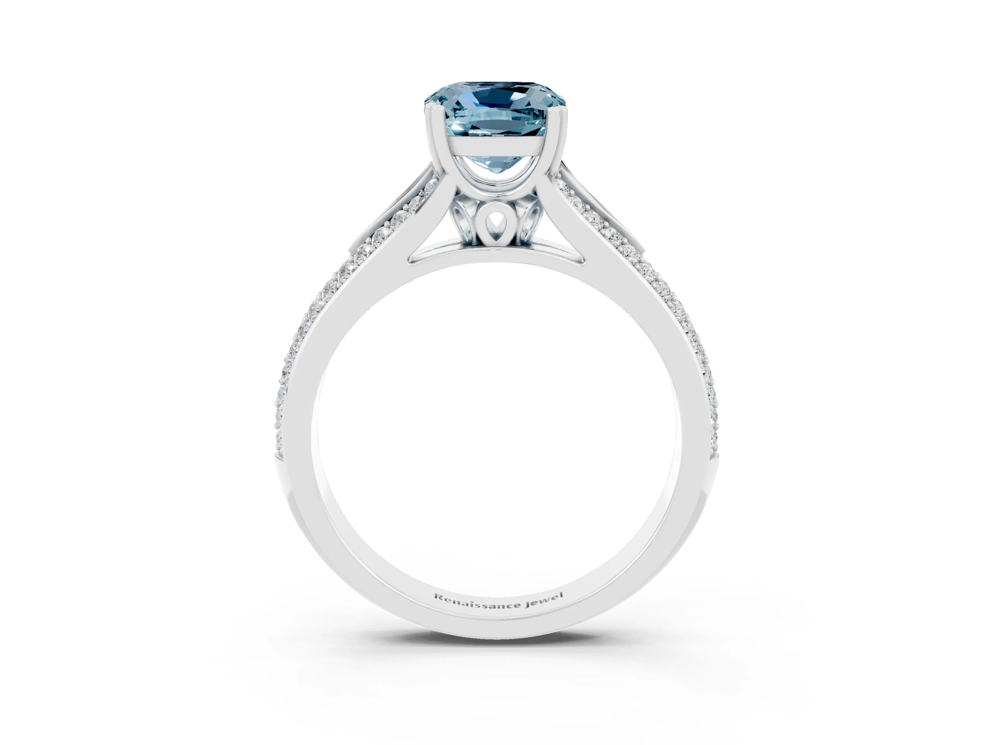 White gold Cushion Cut Aquamarine Split Shank Engagement Ring with Pavé Band_3