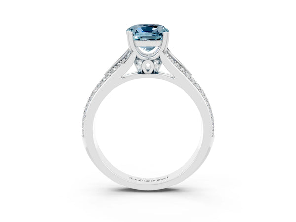 Silver Cushion Cut Aquamarine Split Shank Engagement Ring with Pavé Band