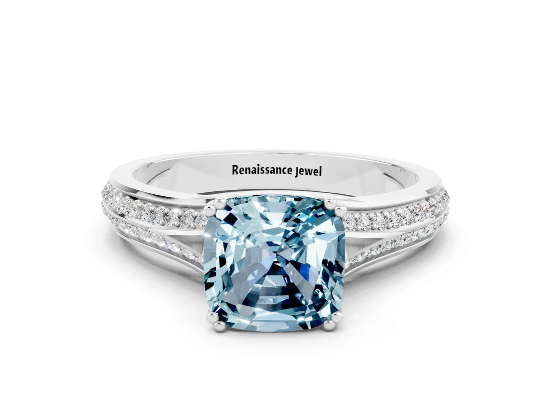 White gold Cushion Cut Aquamarine Split Shank Engagement Ring with Pavé Band