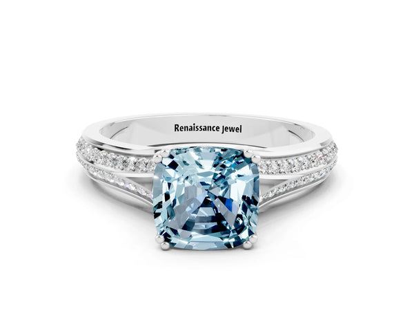 White gold Cushion Cut Aquamarine Split Shank Engagement Ring with Pavé Band