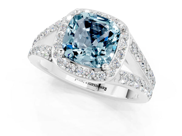 Platinum Cushion Cut Aquamarine Split Shank Halo Ring with Four-Prong Setting