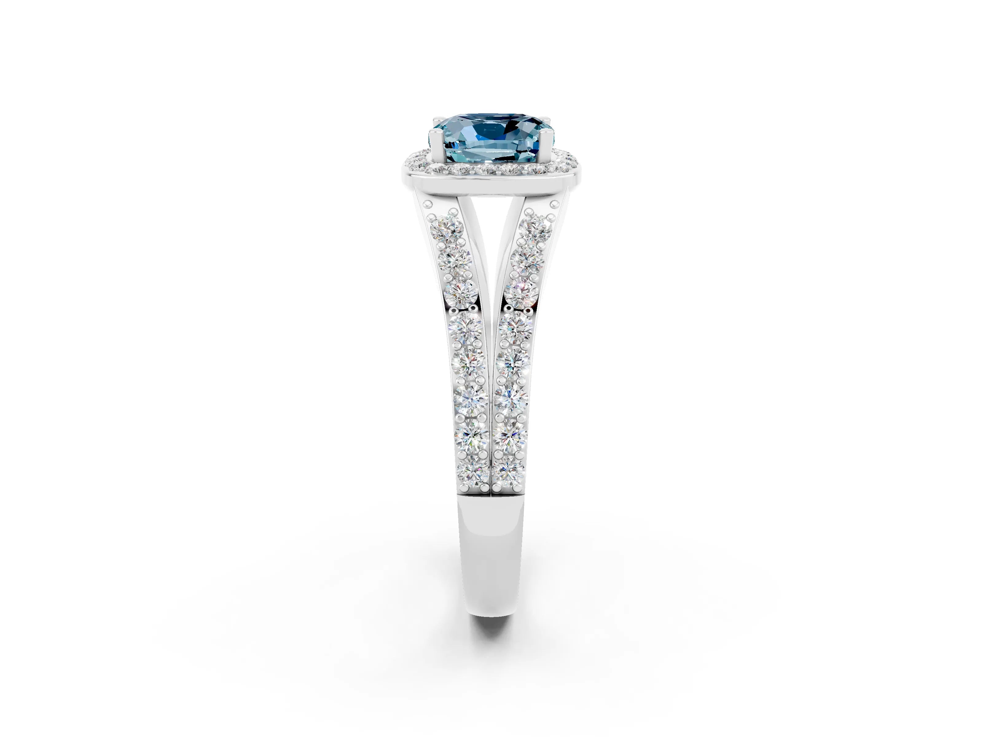 White gold Cushion Cut Aquamarine Split Shank Halo Ring with Four-Prong Setting_14