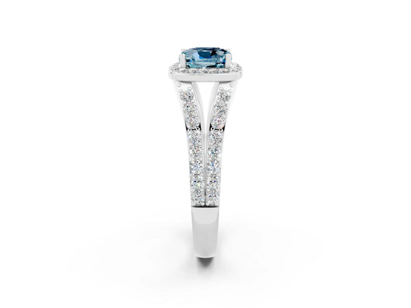 Silver Cushion Cut Aquamarine Split Shank Halo Ring with Four-Prong Setting