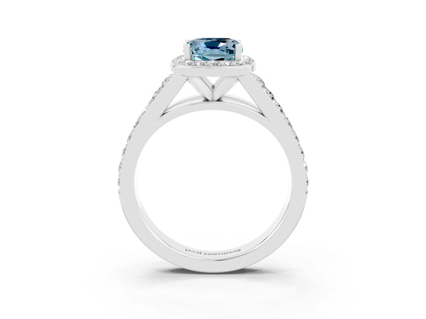 Platinum Cushion Cut Aquamarine Split Shank Halo Ring with Four-Prong Setting