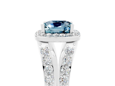 White gold Cushion Cut Aquamarine Split Shank Halo Ring with Four-Prong Setting_17