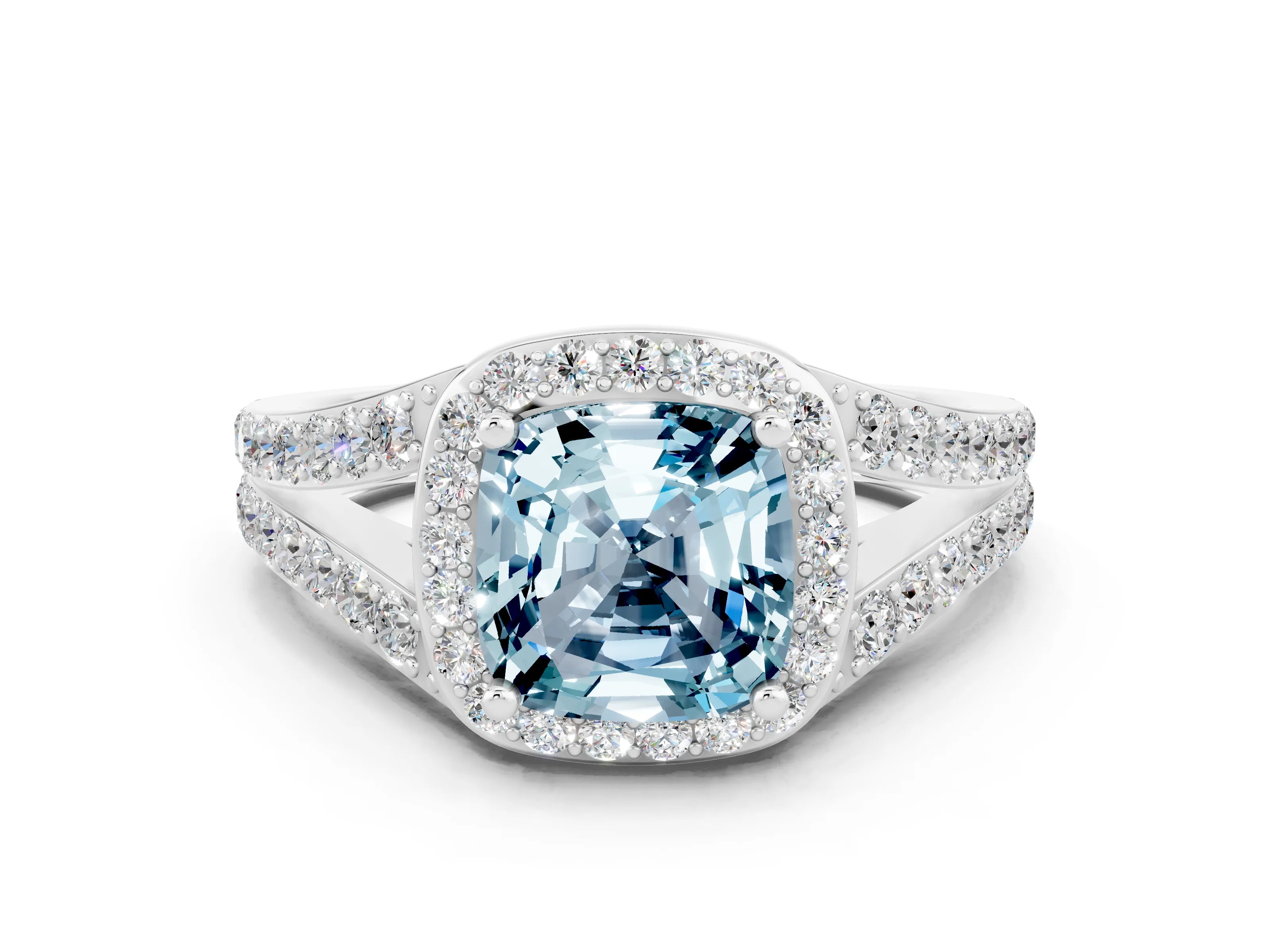 White gold Cushion Cut Aquamarine Split Shank Halo Ring with Four-Prong Setting_24
