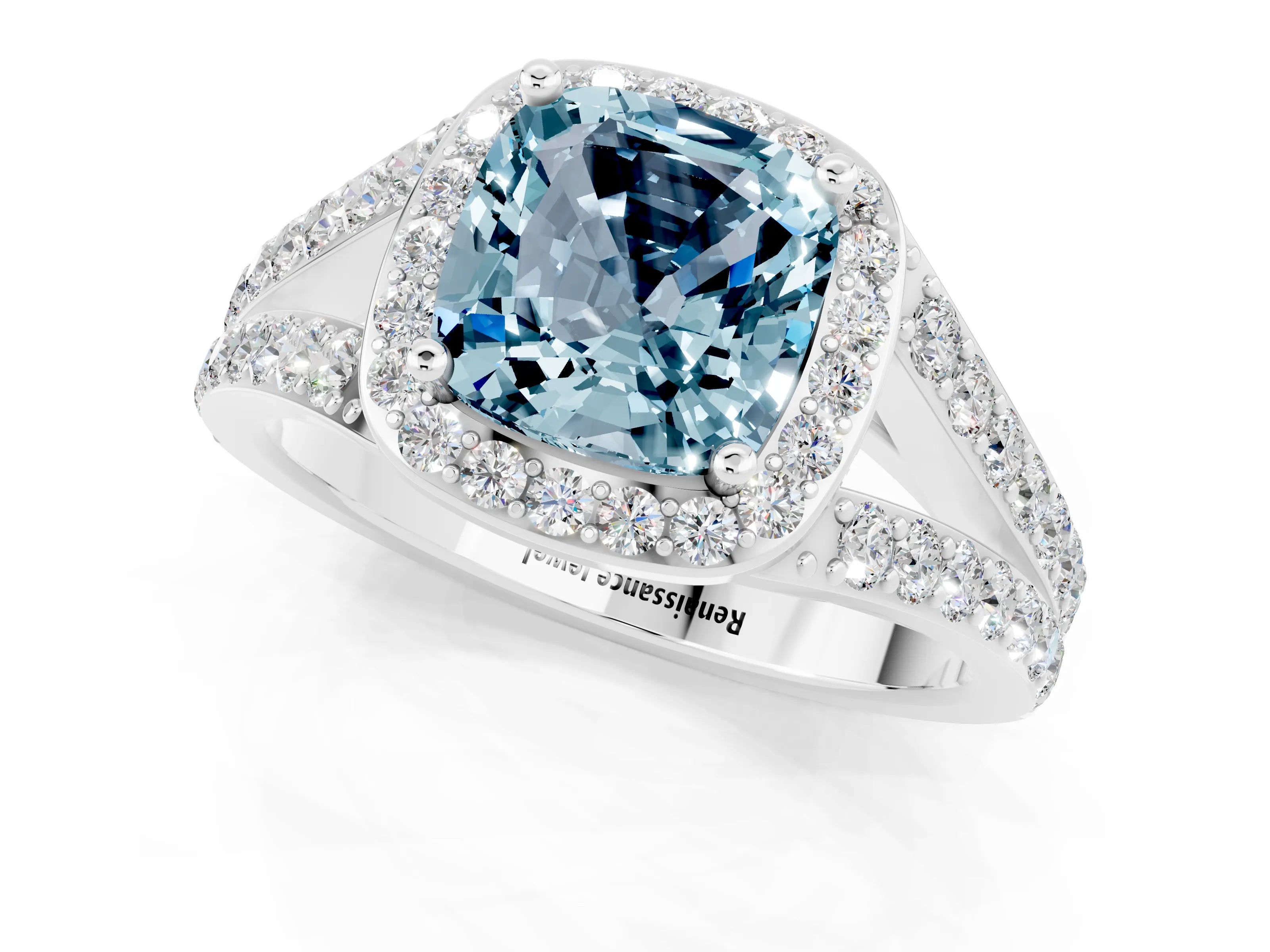 White gold Cushion Cut Aquamarine Split Shank Halo Ring with Four-Prong Setting_25
