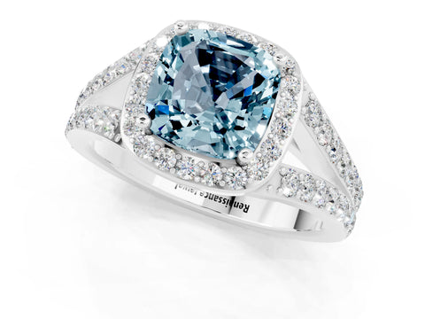 White gold Cushion Cut Aquamarine Split Shank Halo Ring with Four-Prong Setting_25