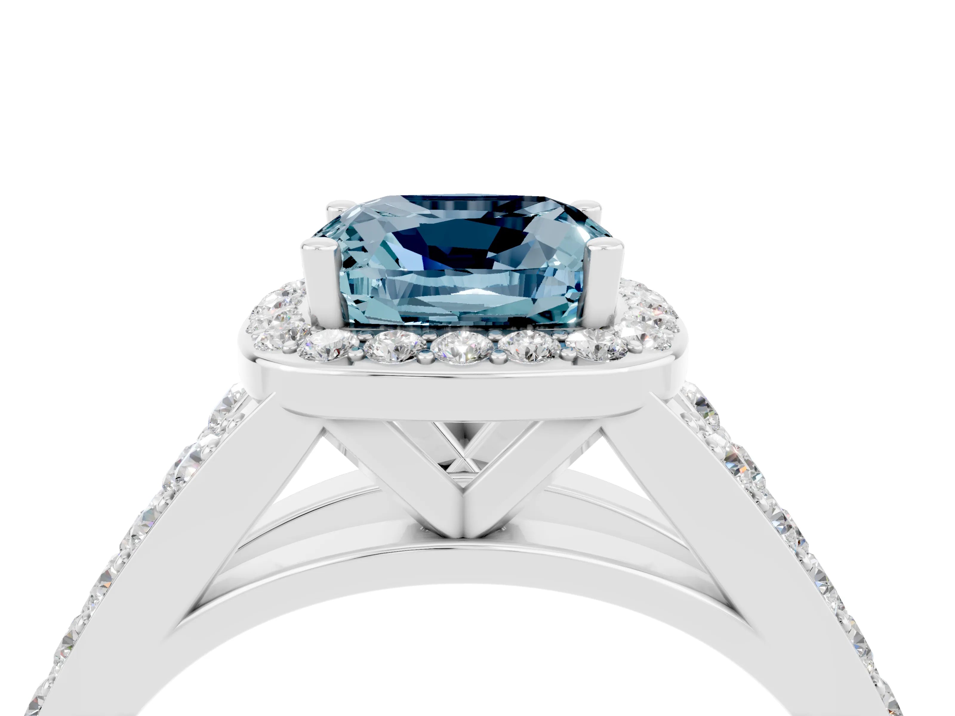 White gold Cushion Cut Aquamarine Split Shank Halo Ring with Four-Prong Setting_28