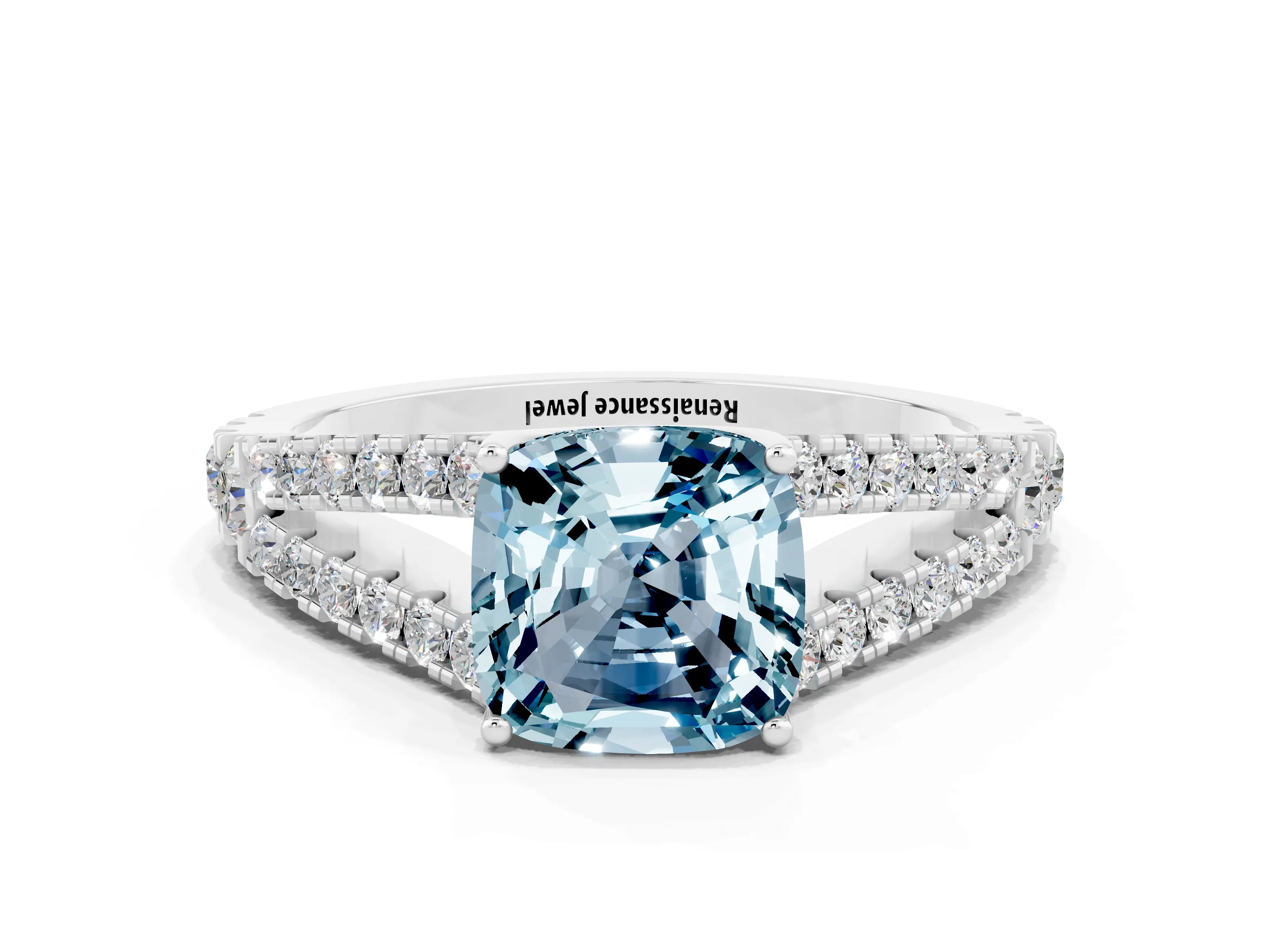 White gold Cushion Cut Aquamarine Split Shank Pavé Engagement Ring with Four-Prong Setting_12