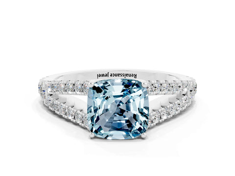 White gold Cushion Cut Aquamarine Split Shank Pavé Engagement Ring with Four-Prong Setting_12