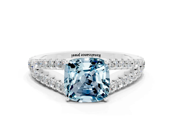 Silver Cushion Cut Aquamarine Split Shank Pavé Engagement Ring with Four-Prong Setting