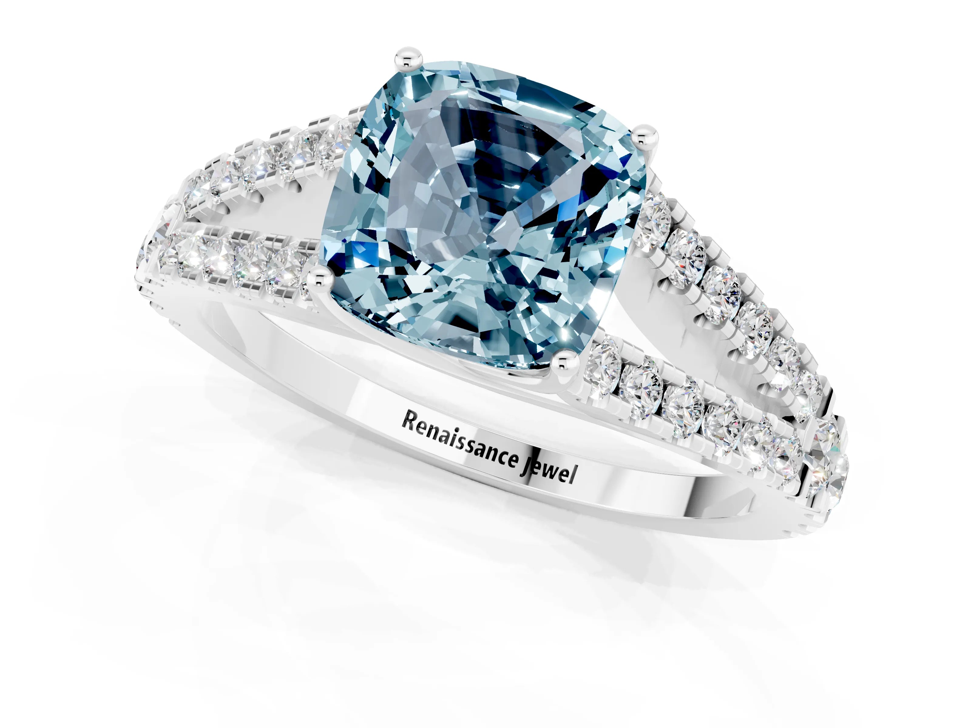 White gold Cushion Cut Aquamarine Split Shank Pavé Engagement Ring with Four-Prong Setting_13