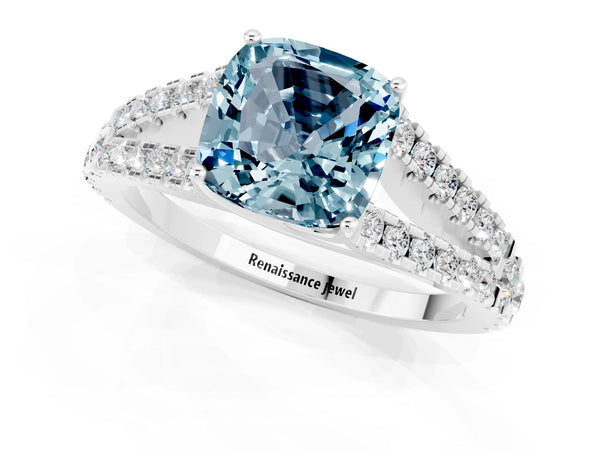 Platinum Cushion Cut Aquamarine Split Shank Pavé Engagement Ring with Four-Prong Setting