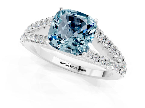 White gold Cushion Cut Aquamarine Split Shank Pavé Engagement Ring with Four-Prong Setting_13