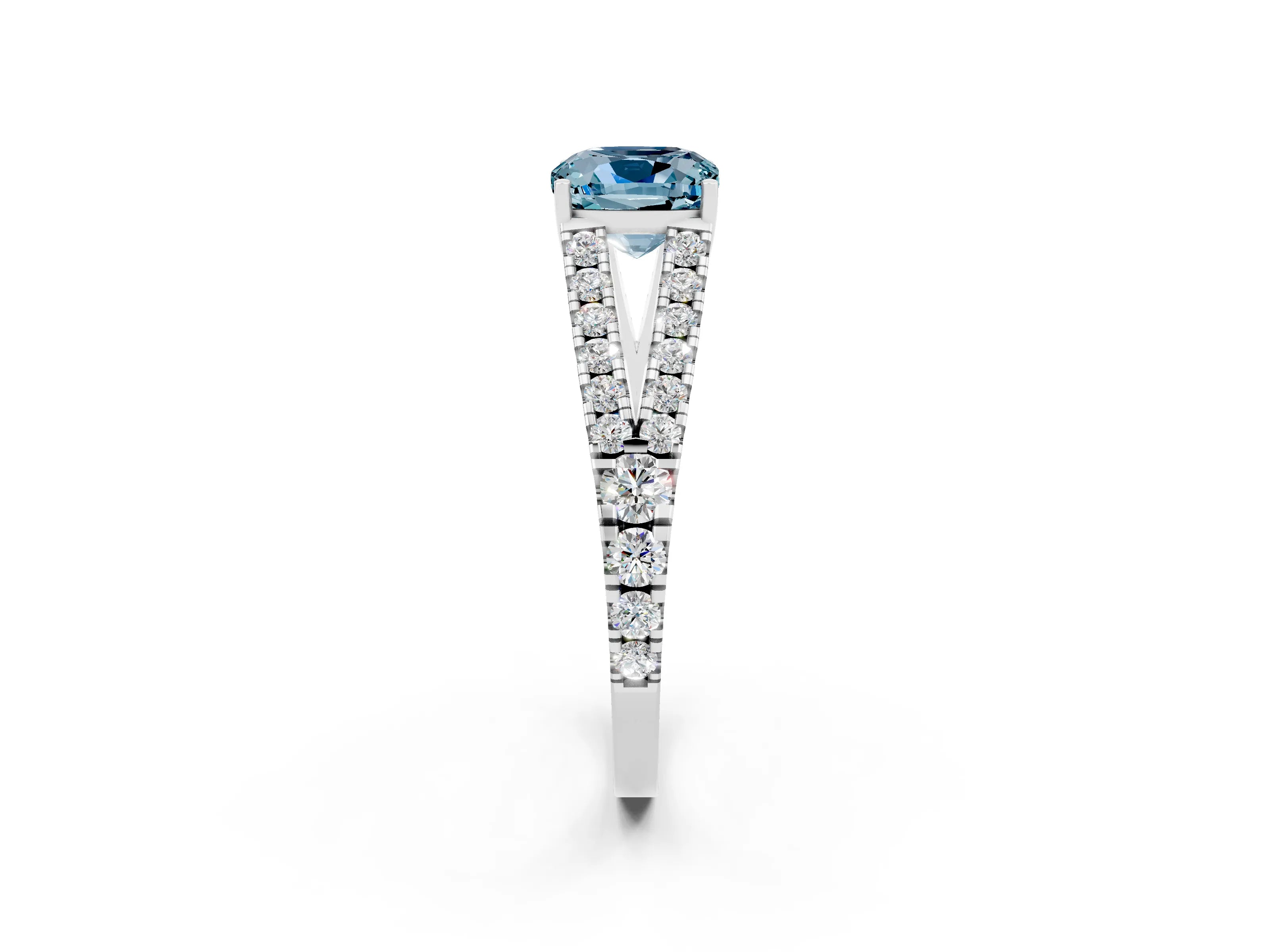 White gold Cushion Cut Aquamarine Split Shank Pavé Engagement Ring with Four-Prong Setting_14