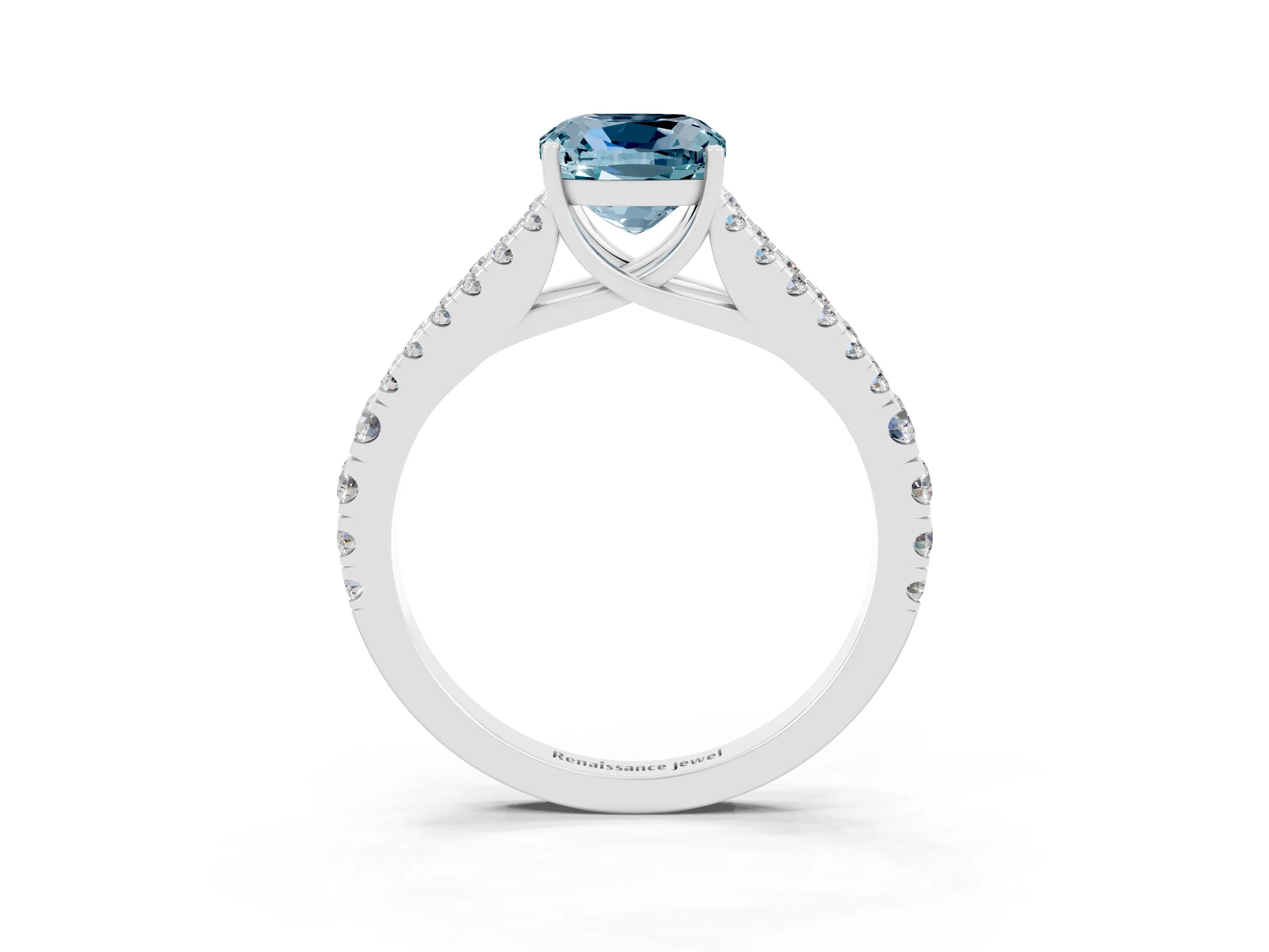 White gold Cushion Cut Aquamarine Split Shank Pavé Engagement Ring with Four-Prong Setting_15