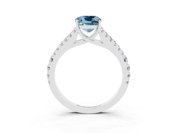 Platinum Cushion Cut Aquamarine Split Shank Pavé Engagement Ring with Four-Prong Setting