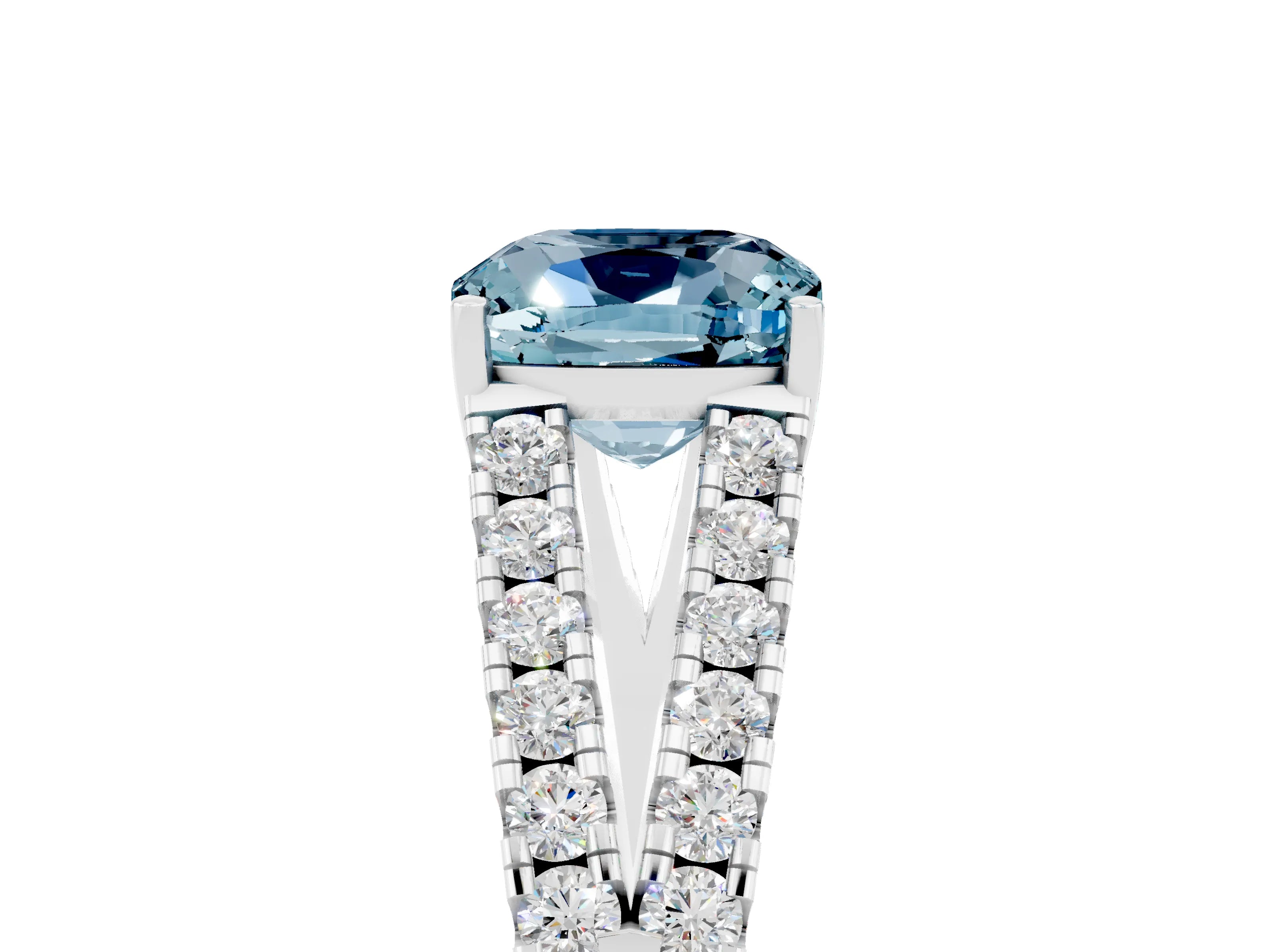 White gold Cushion Cut Aquamarine Split Shank Pavé Engagement Ring with Four-Prong Setting_17