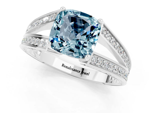 Silver Cushion Cut Aquamarine Split Shank Ring with Pavé Band and Four-Prong Setting