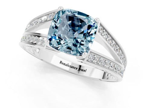 White gold Cushion Cut Aquamarine Split Shank Ring with Pavé Band and Four-Prong Setting_1