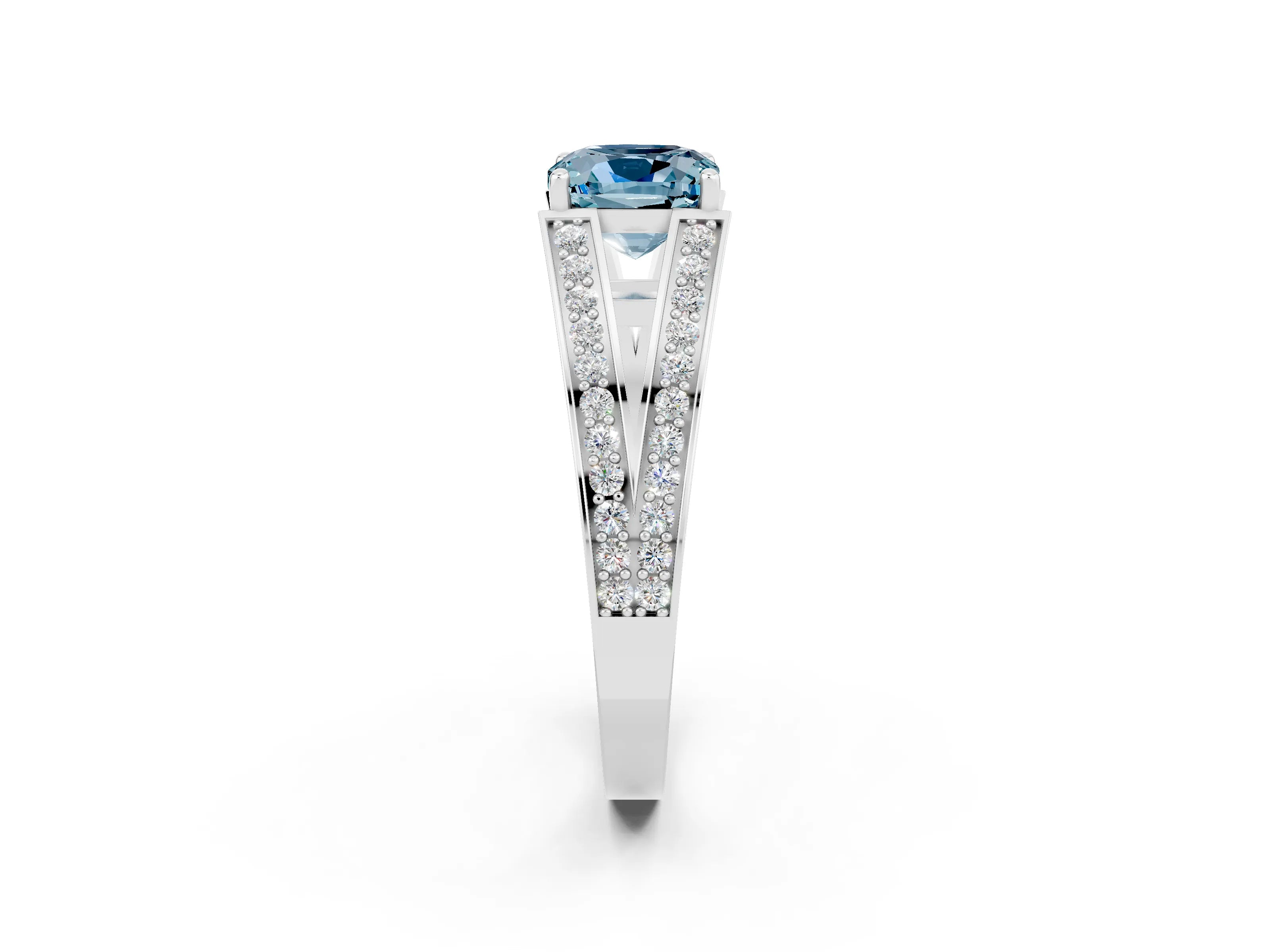 White gold Cushion Cut Aquamarine Split Shank Ring with Pavé Band and Four-Prong Setting_2