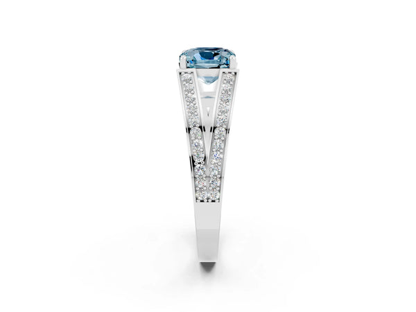 White gold Cushion Cut Aquamarine Split Shank Ring with Pavé Band and Four-Prong Setting