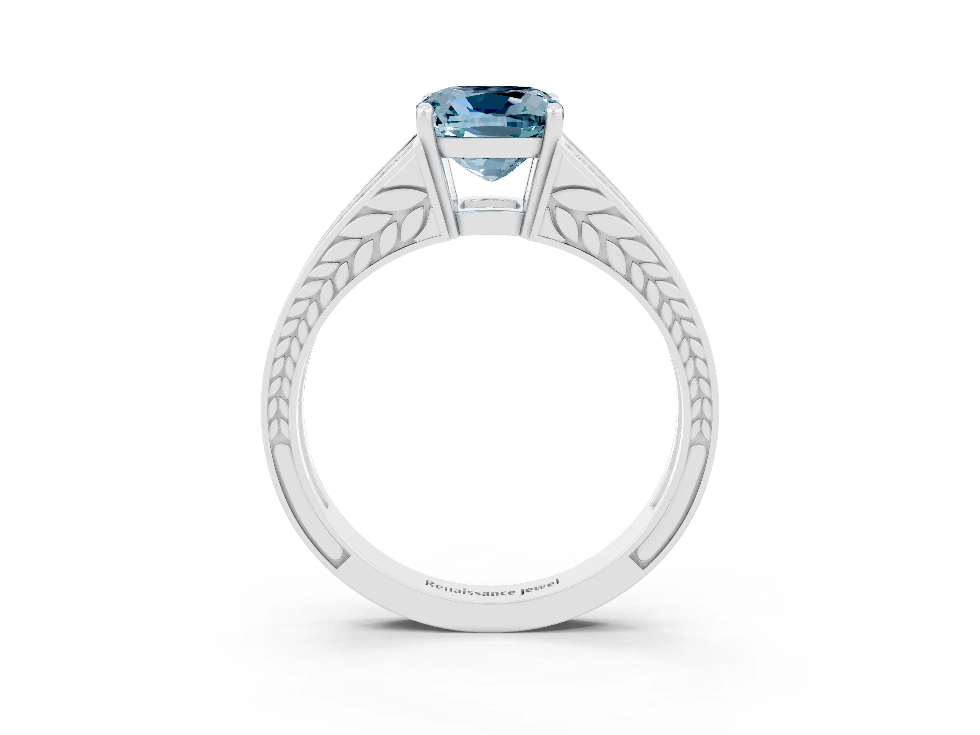 White gold Cushion Cut Aquamarine Split Shank Ring with Pavé Band and Four-Prong Setting_3
