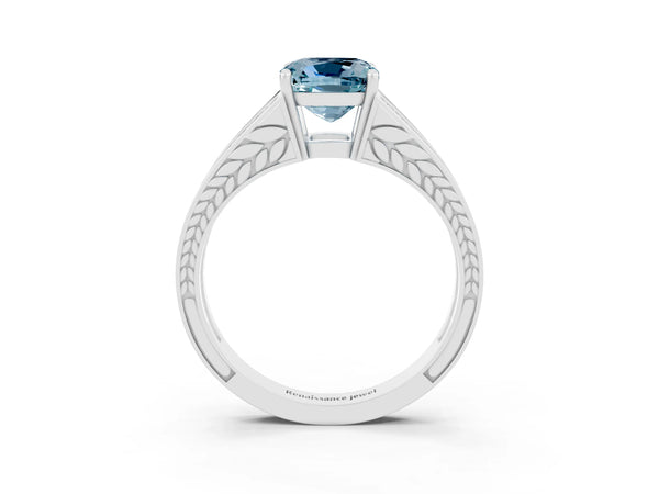 Silver Cushion Cut Aquamarine Split Shank Ring with Pavé Band and Four-Prong Setting