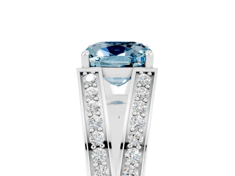 White gold Cushion Cut Aquamarine Split Shank Ring with Pavé Band and Four-Prong Setting_5
