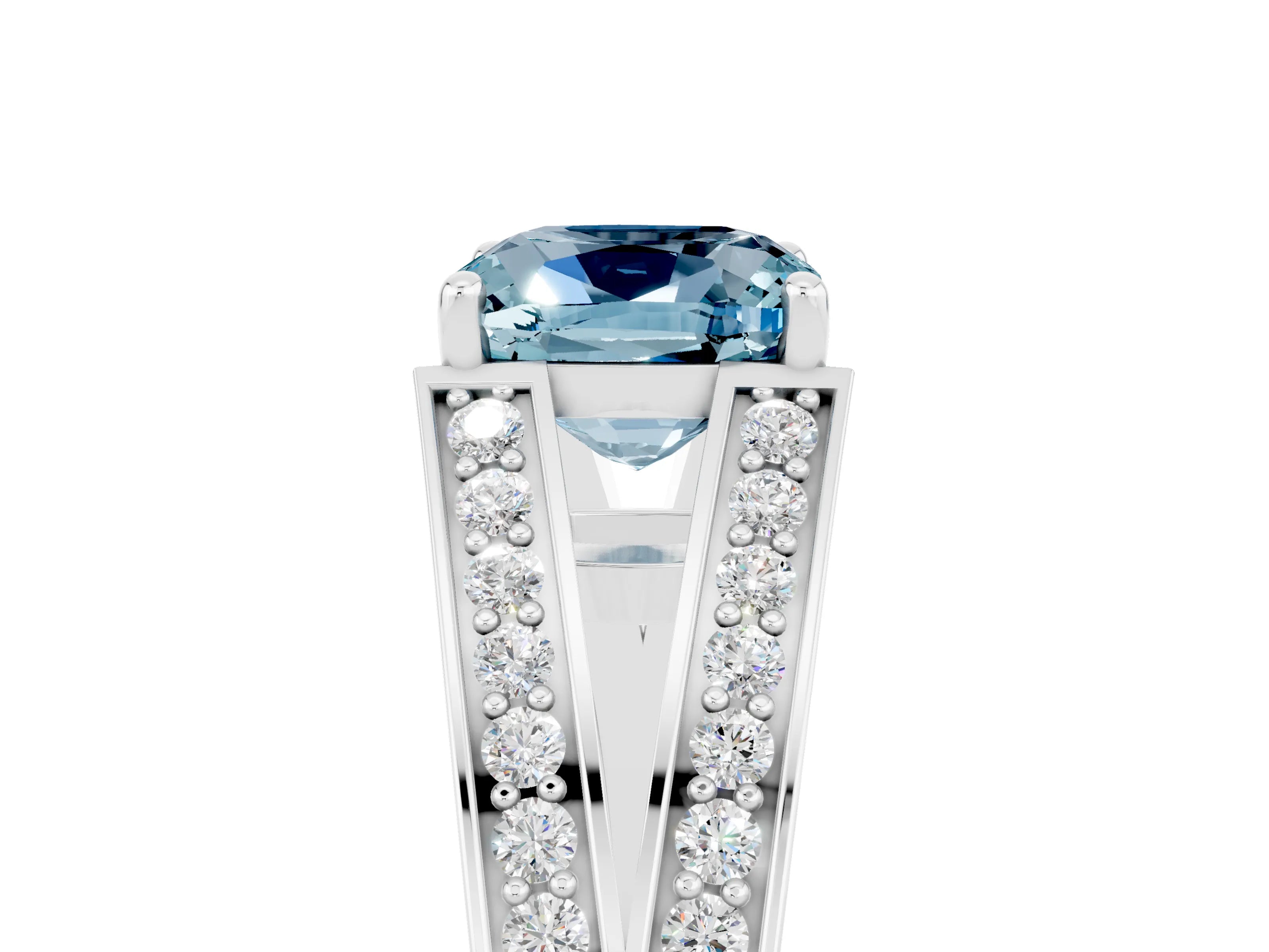White gold Cushion Cut Aquamarine Split Shank Ring with Pavé Band and Four-Prong Setting_5