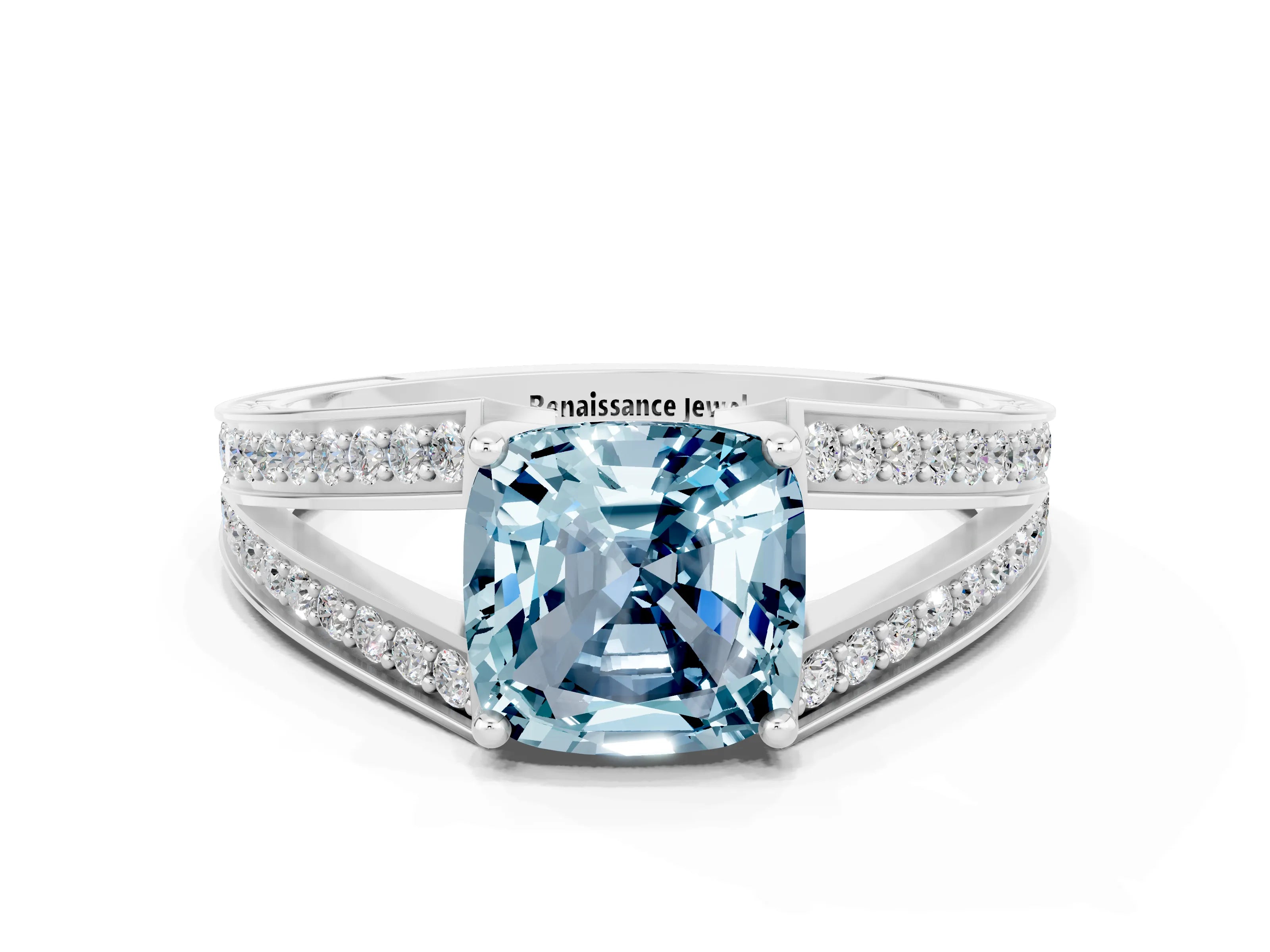 White gold Cushion Cut Aquamarine Split Shank Ring with Pavé Band and Four-Prong Setting
