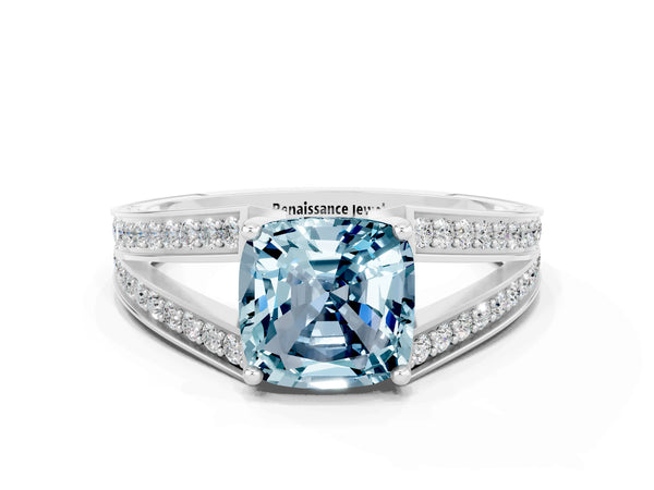 Silver Cushion Cut Aquamarine Split Shank Ring with Pavé Band and Four-Prong Setting