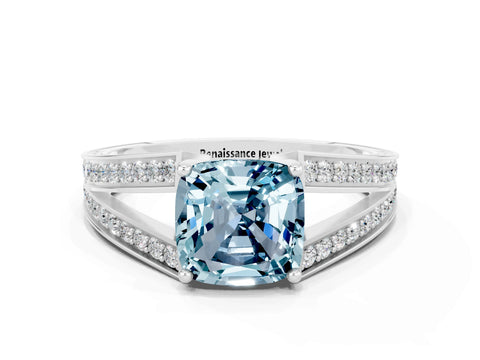 White gold Cushion Cut Aquamarine Split Shank Ring with Pavé Band and Four-Prong Setting