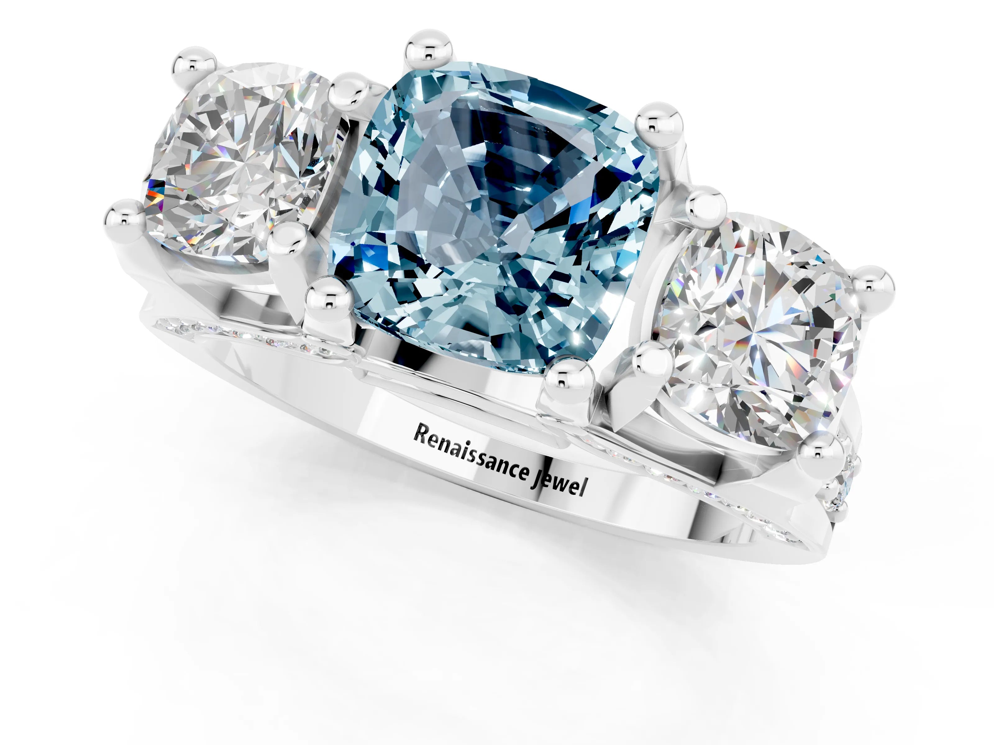 White gold Cushion Cut Aquamarine Three-Stone Ring with Channel Set Band and Four-Prong Setting_1